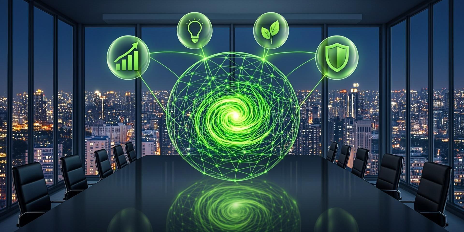 Editorial artwork of an emerald holographic globe with luminous supply routes above a dark boardroom table