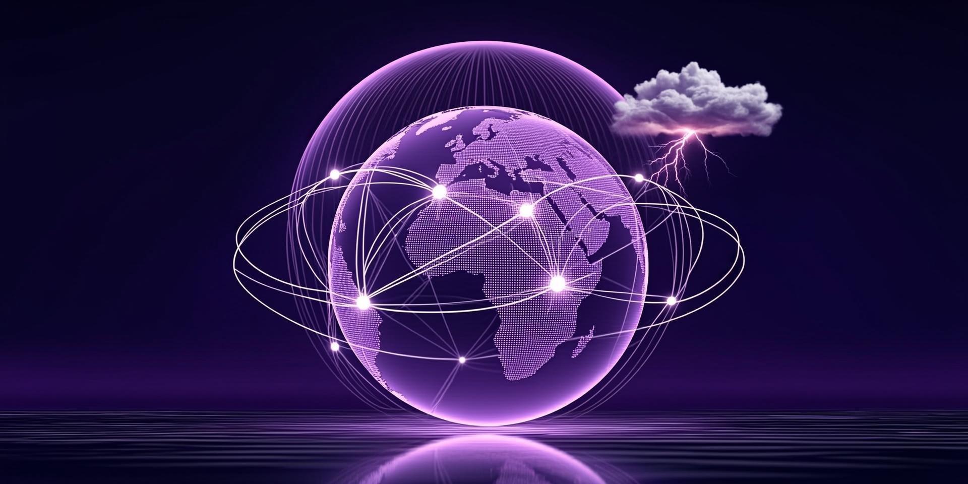 Editorial artwork of a wireframe globe wrapped in glowing violet supply routes beneath a protective shield of light