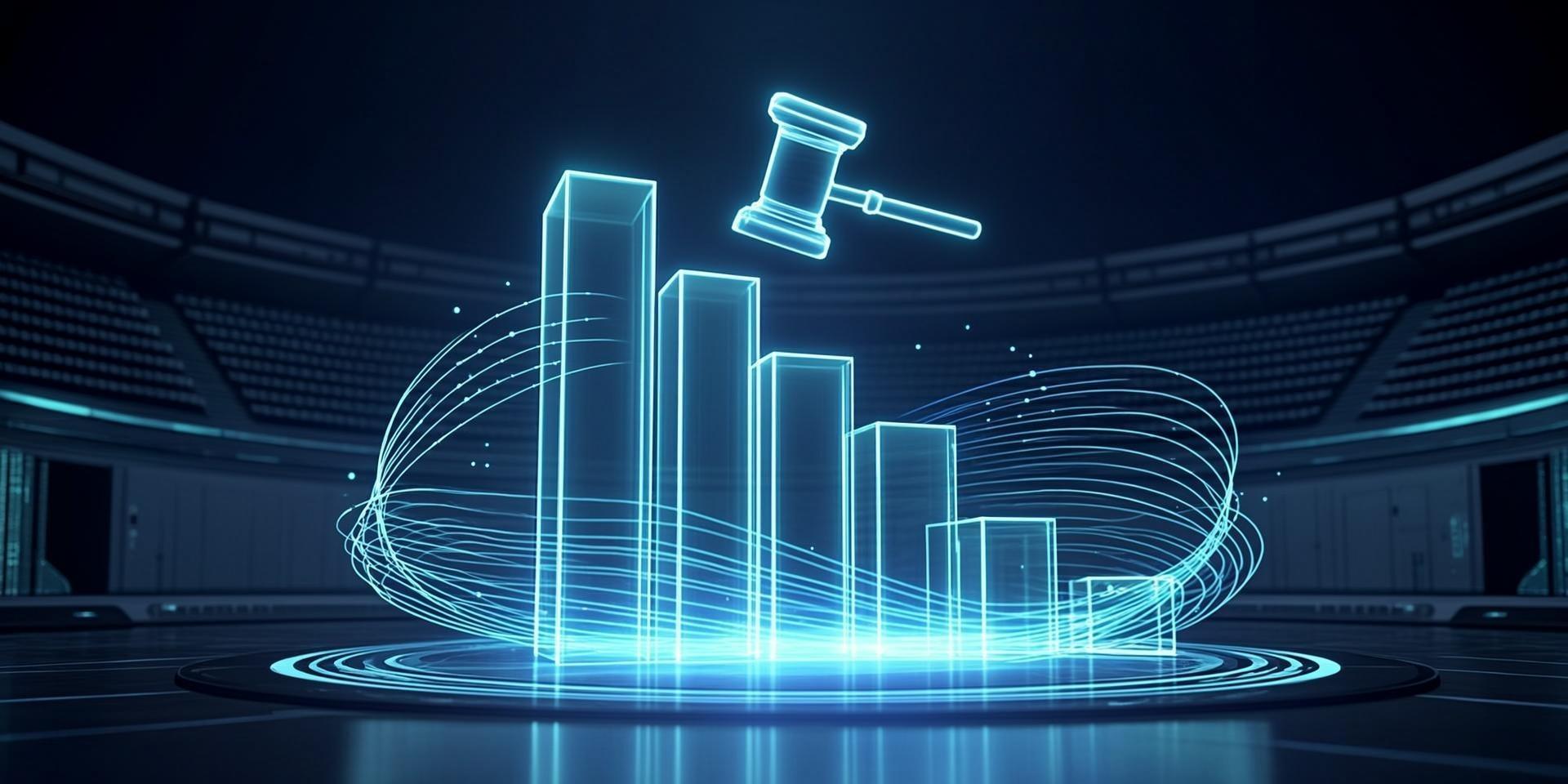 Editorial artwork of ascending luminous cyan bidding bars with radiating pulse rings against a dark backdrop